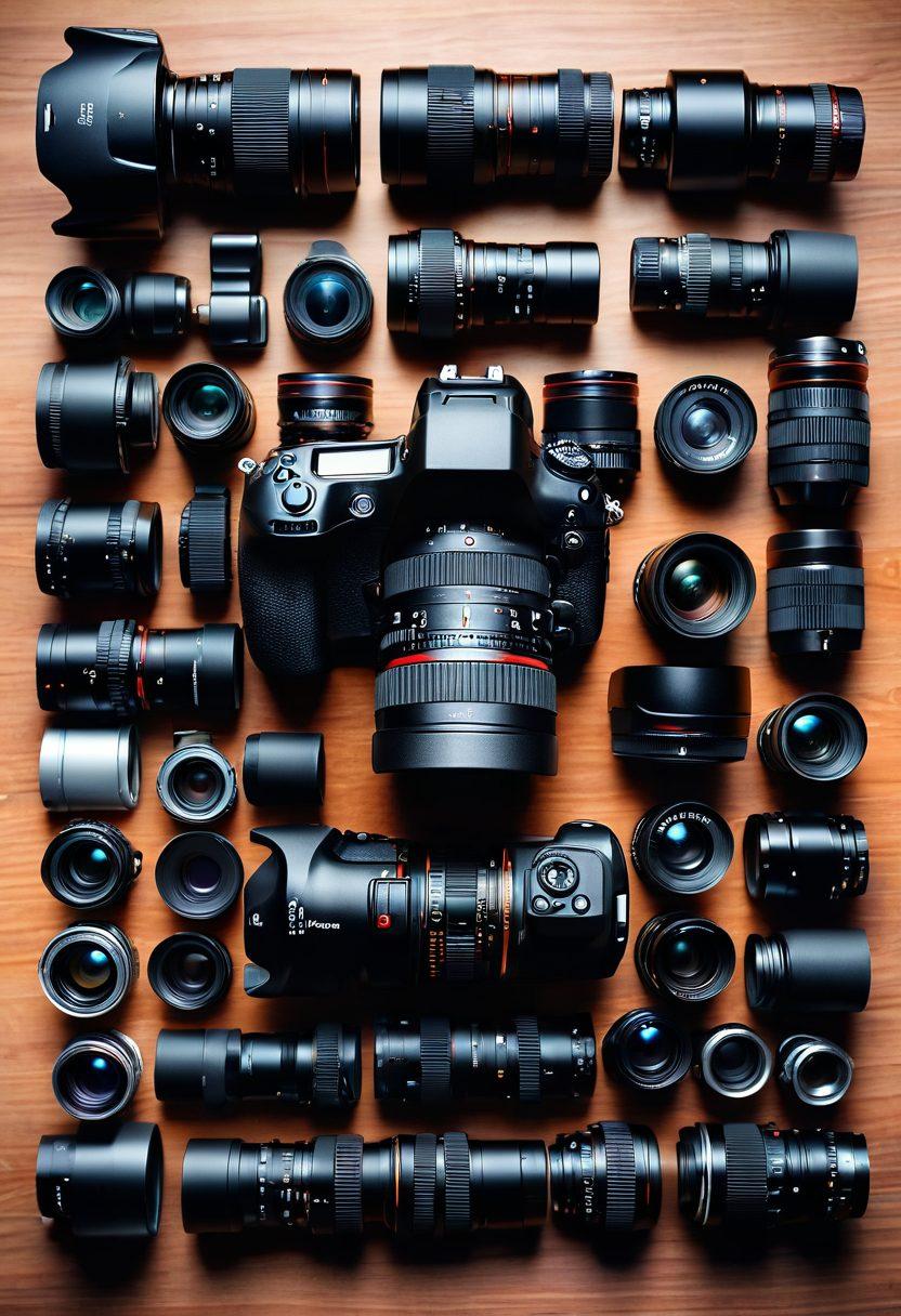 A top-down view of a professional camera with various lenses scattered around, surrounded by essential photography gear like a tripod, memory cards, and a photography book opened to a page with tips. The background features a softly blurred landscape, hinting at stunning photography. The lighting should capture a warm, inviting feel, emphasizing the details of the gear. super-realistic. vibrant colors.