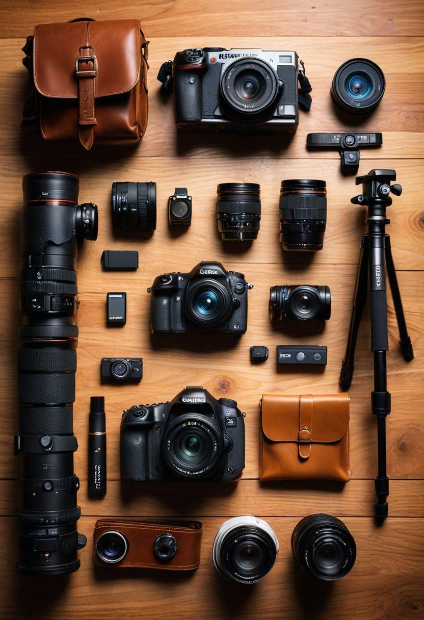 A detailed flat lay composition featuring essential photography gadgets: a DSLR camera, various lenses, a tripod, memory cards, and a camera bag, all elegantly arranged on a wooden table. The background should incorporate soft, diffused lighting to create a cozy atmosphere, with blurred nature scenery in the distance. Include a photographer’s notebook with doodles of camera settings and tips, adding a creative touch. super-realistic. vibrant colors. soft focus.