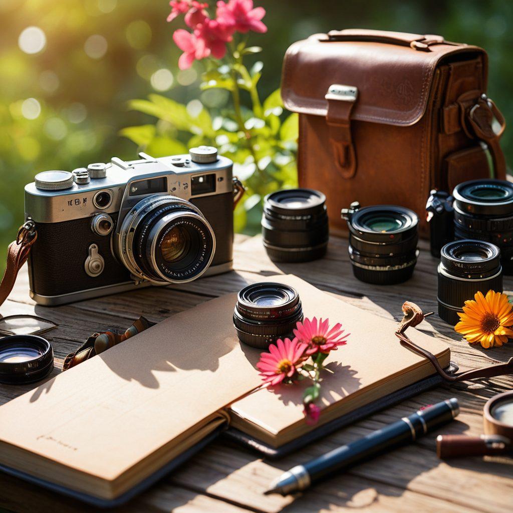 A captivating composition featuring an array of cameras and photography gear laid out on a wooden table, surrounded by beautiful nature scenery in the background. Brightly colored lenses and camera bodies glinting in the sunlight, with a notebook and a vintage camera scattered among them. Soft bokeh effect to create depth, enhancing the artistic vibe of photography. super-realistic. vibrant colors. natural background.